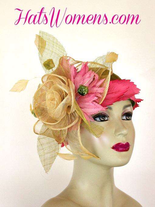 Olive Lime Green Ivory Sinamay Straw Cloche Flapper Wedding Bridal Cocktail Pillbox Hat With Hot Pink Flowers, Designer Fashion Kentucky Derby Hats