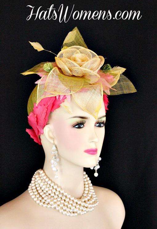 Olive Lime Green Ivory Sinamay Straw Cloche Flapper Wedding Bridal Cocktail Pillbox Hat With Hot Pink Flowers, Designer Fashion Kentucky Derby Hats
