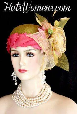 Olive Lime Green Ivory Sinamay Straw Cloche Flapper Wedding Bridal Cocktail Pillbox Hat With Hot Pink Flowers, Designer Fashion Kentucky Derby Hats