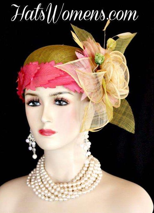 Olive Lime Green Ivory Sinamay Straw Cloche Flapper Wedding Bridal Cocktail Pillbox Hat With Hot Pink Flowers, Designer Fashion Kentucky Derby Hats