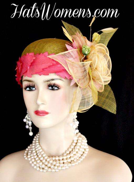 Olive Lime Green Ivory Sinamay Straw Cloche Flapper Wedding Bridal Cocktail Pillbox Hat With Hot Pink Flowers, Designer Fashion Kentucky Derby Hats