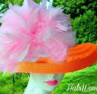Dress Hats For Women, Kentucky Derby Hats, Hats For Horse Races, Haute Couture Fashion Hats, Formal Wedding Hats, Bridal Headpiece, Cocktail Hats, Mother Of The Bride Hats, Sinamay Straw Hats, Large Big Brim Hats, Hats For Horse Races, Church Sabbath Hats, Satin Hats, Pillbox Veil Hat, Ladies Orange Pink Church Hat, Wedding Races Dress
