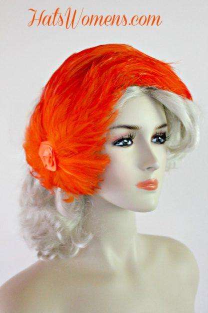 Vintage Orange Cocktail Hat Wedding Bridal Headpiece With Feathers, 1920's Flapper Hats - Image 2