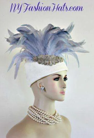 Ivory Baby Blue Haute Couture Pillbox Hat, Women's Pillbox Dress Hats, Formal Church Hats, Mother Of The Bride Apparel Hats, Kentucky Derby Hats, Fashion Runway Hat