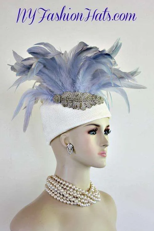 Ivory Baby Blue Haute Couture Pillbox Hat, Women's Pillbox Dress Hats, Formal Church Hats, Mother Of The Bride Apparel Hats, Kentucky Derby Hats, Fashion Runway Hat