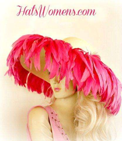 Ivory Wide Brim Designer Hat With Hot Pink Feathers, Women's Hats - Image 3