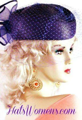 Purple Pillbox Veil Designer Hat For Women