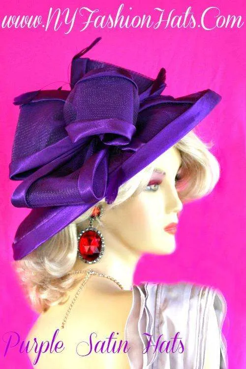 Women's Purple Satin Wide Brim Dress Fashion Wedding Church Hat Couture Millinery Headwear