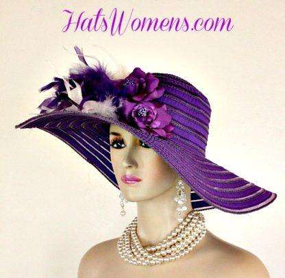 Ladies Purple White Wide Brim Church Wedding Designer Fashion Hat Feathers Roses, Kentucky Derby Hats