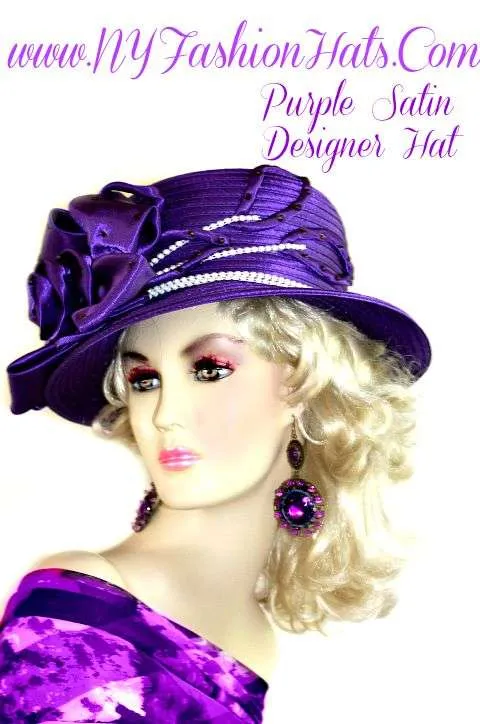 Women's Purple White Satin Designer Dress Church Wedding Hat