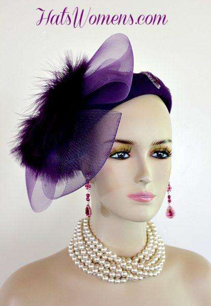 Women's Purple Pillbox Cocktail Hat Beaded Sequin Appliques Feathers, Hats For Church Weddings Dress - Image 3