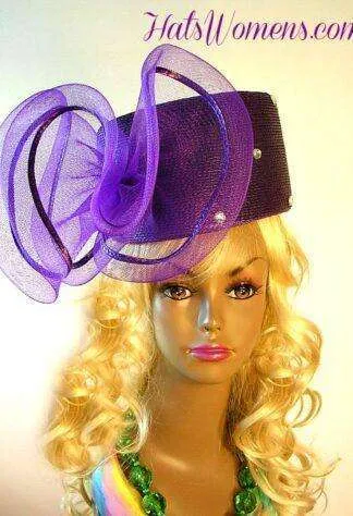Ladies Purple Designer Pillbox Hat Large Bow, Couture Wedding Special Occasion Hats