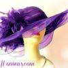 Purple Wide Sheer Brim Formal Designer Fashion Hat With Feathers, Ladies Derby Hats