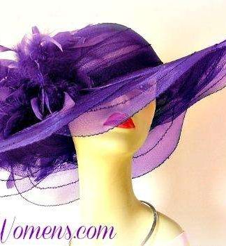 Purple Wide Sheer Brim Formal Designer Fashion Hat With Feathers, Ladies Derby Hats