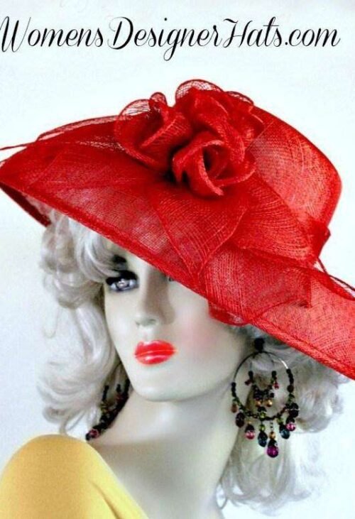 reddesignerhats_womensdesignerhats_sinamaystrawhats_strawhats_widebrimhats_Kentuckyderbyhats_Churchhats Ladies Red Sinamay Straw Designer Hats, Red Straw Kentucky Derby Hats, Red Formal Church Hats, Sun Hats Woman