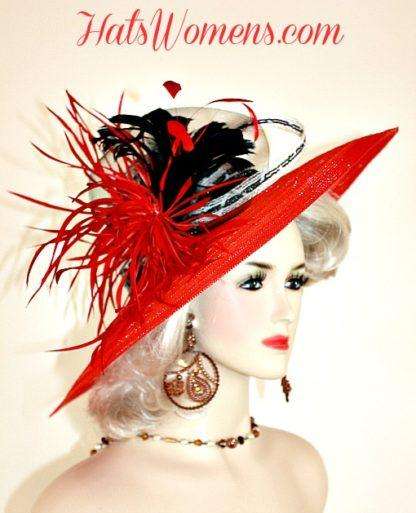 Women's Red Black White Wide Brim Church Wedding Hat, Special Occasion Couture Hats - Image 3