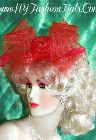Ladies Red Crinoline Bow Cocktail Hats, Holiday Cocktail Party Hat Black, Red Formal Church Wedding Hat Hats, Red Kentucky Derby Hats, Mother Of The Bride Groom Hat Couture Headwear Millinery Apparel