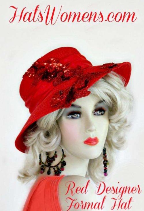 Ladies Red Wide Brim Designer Satin Sequin Beaded Dress Fashion Church Wedding Hat