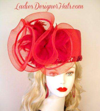 Ladies Red Designer Pillbox Hat Large Bow Feathers, Couture Wedding Special Occasion Hats