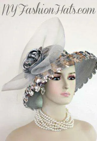 Ladies Metallic Silver Sequin Formal Wedding Hat, Kentucky Derby Hats, Church Hats, Grey Silver Dress Hats For Women, Bridal Couture Headpiece Hat Custom Millinery