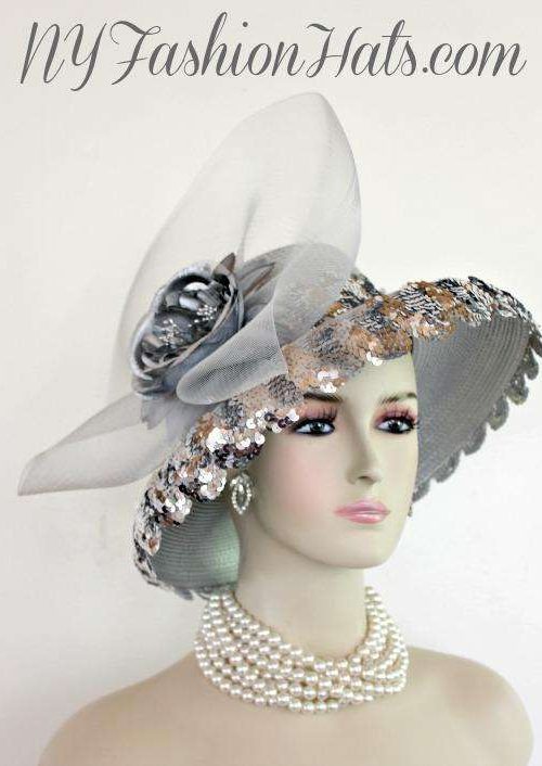 Ladies Metallic Silver Sequin Formal Wedding Hat, Kentucky Derby Hats, Church Hats, Grey Silver Dress Hats For Women, Bridal Couture Headpiece Hat Custom Millinery