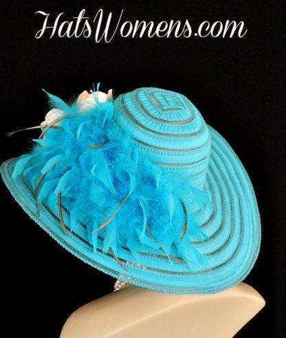 Ladies Turquoise Blue Wide Brim Church Wedding  Designer Fashion Hat Feathers Ivory Flower, Kentucky Derby Hats - Image 3