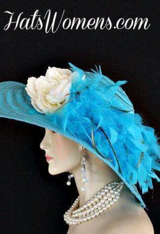 Ladies Turquoise Blue Wide Brim Church Wedding Designer Fashion Hat Feathers Ivory Flower, Kentucky Derby Hats