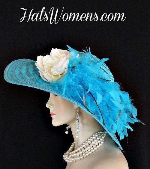 Ladies Turquoise Blue Wide Brim Church Wedding Designer Fashion Hat Feathers Ivory Flower, Kentucky Derby Hats