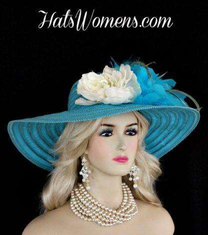 Ladies Turquoise Blue Wide Brim Church Wedding  Designer Fashion Hat Feathers Ivory Flower, Kentucky Derby Hats - Image 2