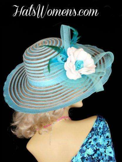 Ladies Turquoise Blue White Derby Tea Dress Hat, Women's Hats 876 - Image 2