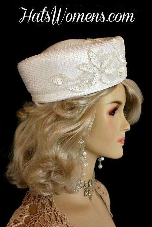 Ladies White Designer Sequin Beaded Bridal Wedding Church Pillbox Fashion Hat