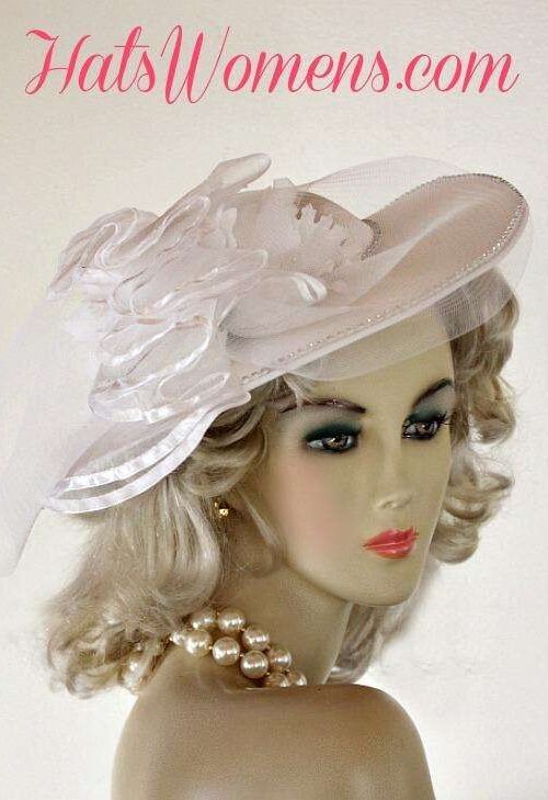 Ladies White Satin Bridal Vintage Style Wedding Designer Hat Orchids, Brides 2 Ladies White Satin Bridal Vintage Style Wedding Designer Hat Orchids, Brides