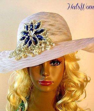Woman's White Wide Brim Designer Formal Church Hat Royal Blue Pearl Applique, Wedding Bridal Mother Of The Bride Hats