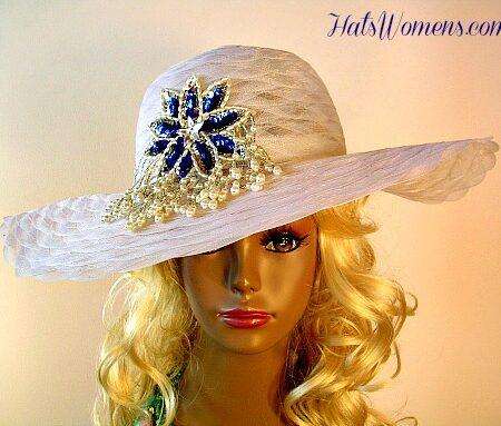 Woman's White Wide Brim Designer Formal Church Hat Royal Blue Pearl Applique, Wedding Bridal Mother Of The Bride Hats