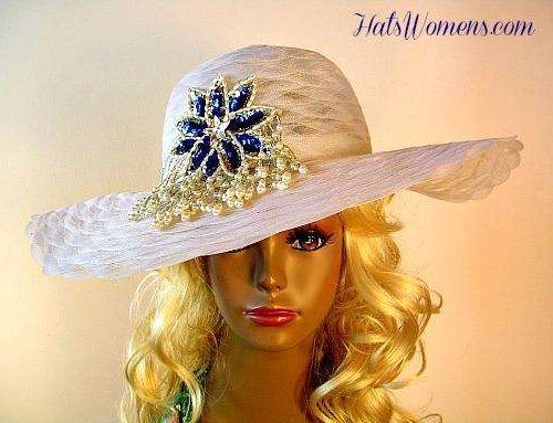 Woman's White Wide Brim Designer Formal Church Hat Royal Blue Pearl Applique, Wedding Bridal Mother Of The Bride Hats