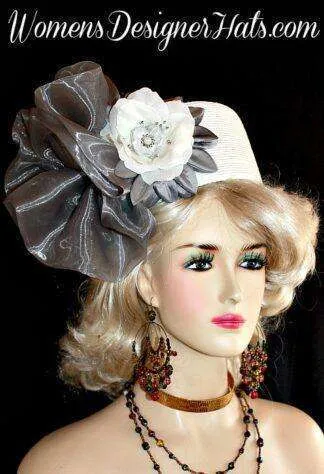 Hat White Silver Grey Pillbox Wedding Headpiece Woman's Designer Bridal Church Hats