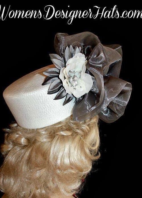Hat White Silver Grey Pillbox Wedding Headpiece Woman’s Designer Bridal Church Hats 2 Hat White Silver Grey Pillbox Wedding Headpiece Woman's Designer Bridal Church Hats