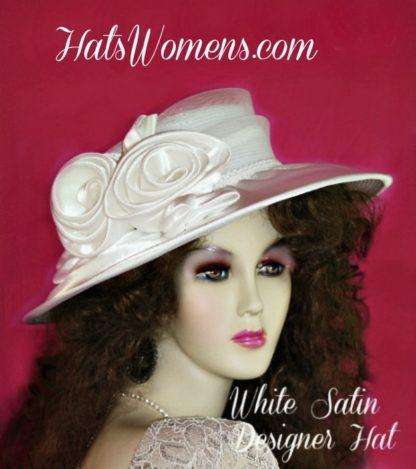 Woman's Champagne Beige Wide Brim Satin Bridal Designer Wedding Hat, Church Fashion Occasion Hats