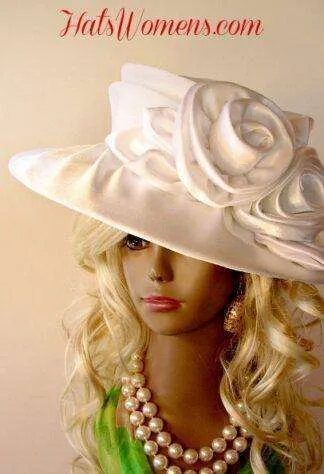 Ladies White Satin Rosette Wide Brim Bridal Wedding Church Hat, Designer Hats For Brides