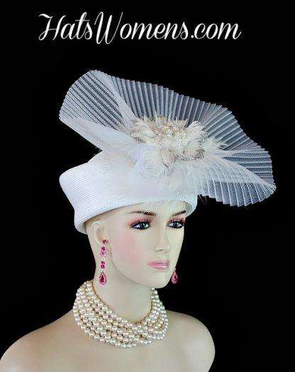 Women's White Pillbox Wedding Bridal Hat Headpiece, Formal Church Hats - Image 3