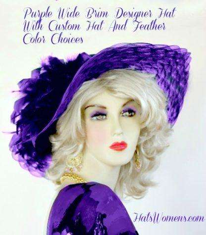 Ladies Purple Wide Brimmed Designer Hat Choose Feather And Hat Colors, Fashion Hats