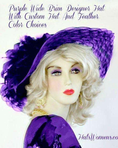 Ladies Purple Wide Brimmed Designer Hat Choose Feather And Hat Colors, Fashion Hats