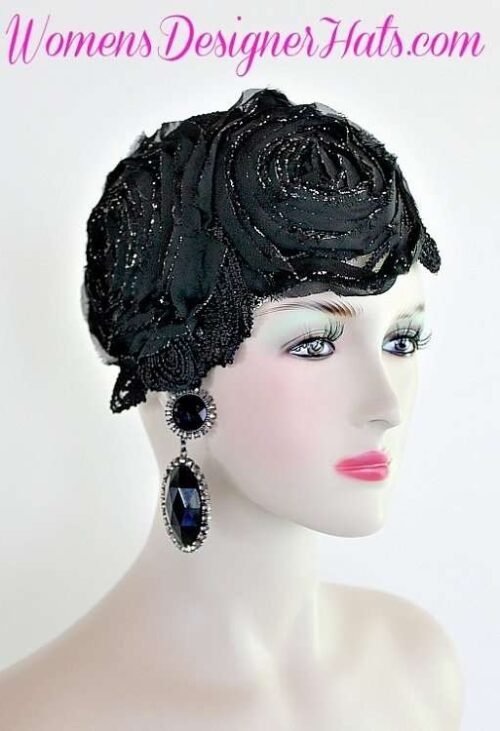 Ladies Formal Black Silver Orange Flapper Pillbox Hat Hats, Funeral Hats, Wedding Hats, Cocktail Hats, Winter Wool Black Silver Hat Hats