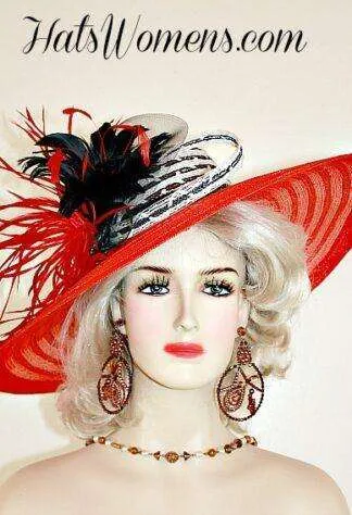 Women's Red Black White Wide Brim Church Wedding Hat, Special Occasion Couture Hats