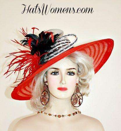 Women's Red Black White Wide Brim Church Wedding Hat, Special Occasion Couture Hats