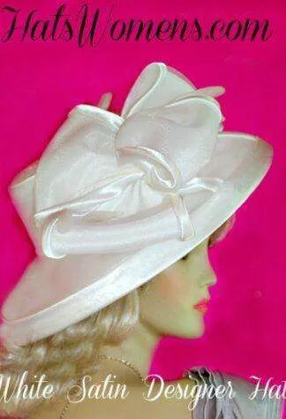 Ladies Formal White Satin Wide Brim Bridal Wedding Church Hat
