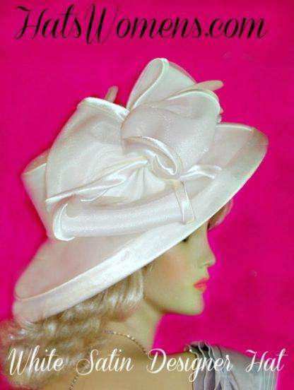 Ladies Formal White Satin Wide Brim Bridal Wedding Church Hat