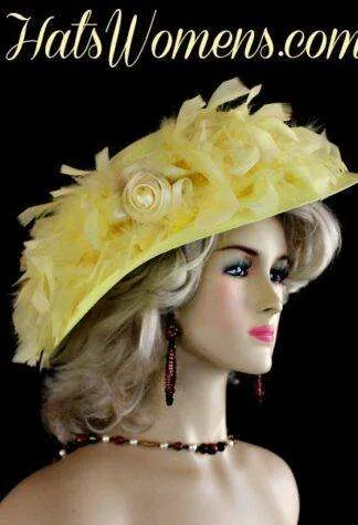 Dress Hats For Women, Kentucky Derby Hats, Hats For Horse Races, Haute Couture Fashion Hats, Formal Wedding Hats, Bridal Headpiece, Cocktail Hats, Mother Of The Bride Hats, Sinamay Straw Hats, Large Big Brim Hats, Hats For Horse Races, Church Sabbath Hats, Satin Hats, Pillbox Veil Hat, Ladies Yellow Kentucky Derby Hat Feathers Satin Rose, Designer Fashion Dress Wedding Hats