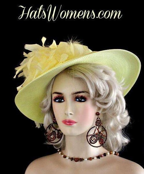 Ladies Yellow Kentucky Derby Hat Feathers Satin Rose, Designer Fashion Dress Wedding Hats 2 Ladies Yellow Kentucky Derby Hat Feathers Satin Rose, Designer Fashion Dress Wedding Hats