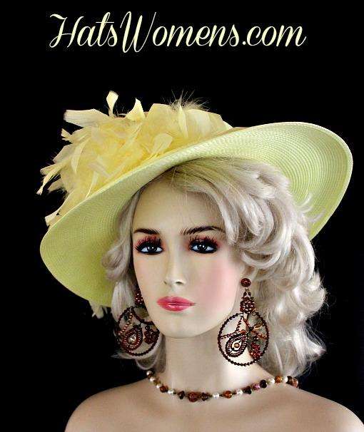 Ladies Yellow Kentucky Derby Hat Feathers Satin Rose, Designer Fashion Dress Wedding Hats